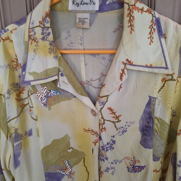 Key Lime Pie Blouse SzL Tencel/Cotton Lavender/Yellow Long Sleeves Button Front - Picture 7 of 13